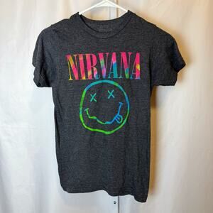 Nirvana Graphic Band Tee XS Gray Tie Dye Logo Smiley Face Grunge Y2K T-Shirt